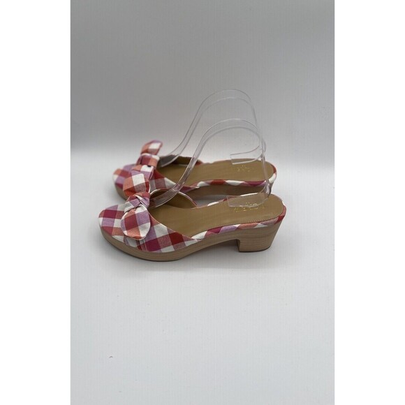 J Crew Heels Women Printed Gingham Check Plaid Wooden Chunky Mule Bow Sz 8.5 New